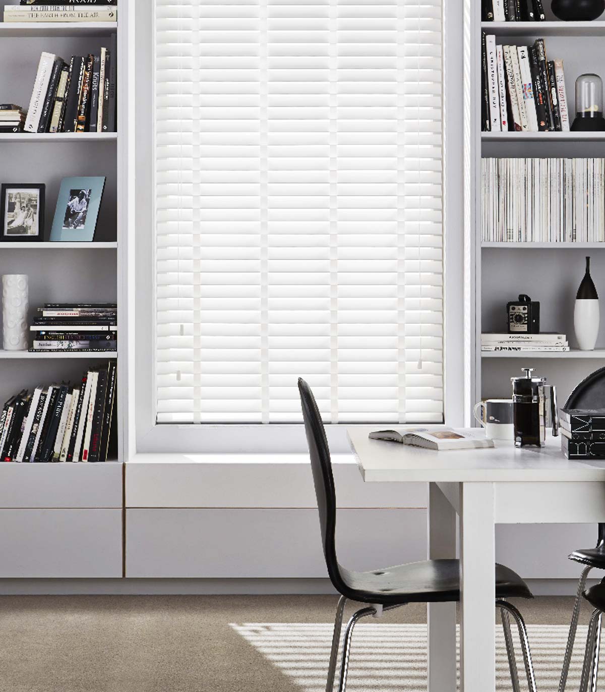 Snow white faux wood blinds